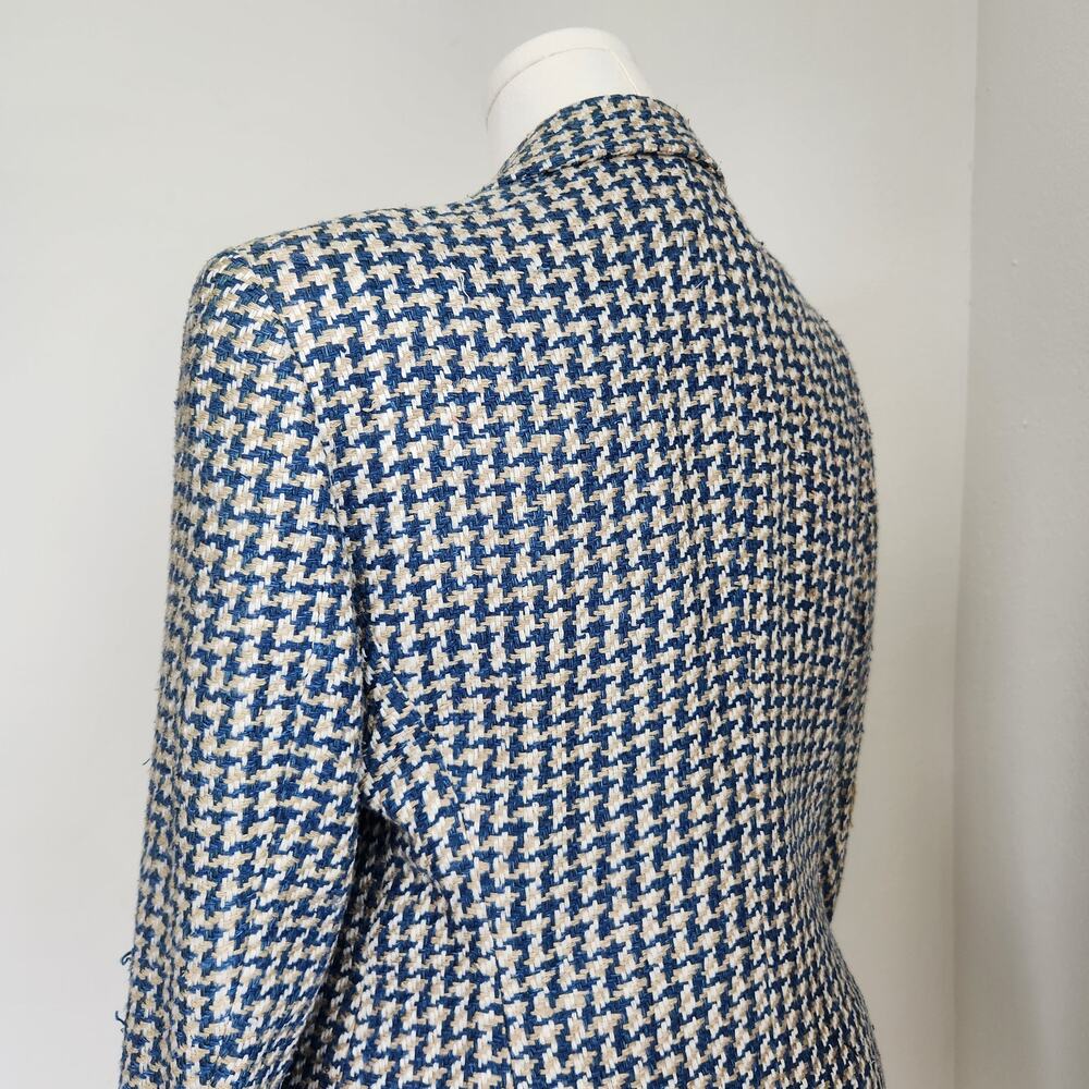 Vintage 90s Houndstooth Tweed Blazer Jacket Cream Blue 3 Button Long Sleeve L - Picture 8 of 13